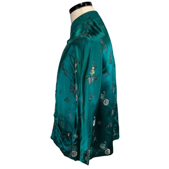 Vintage 1940s Emerald Green Satin Kimono Top Floral Embroidered Size 38 - Picture 2 of 9